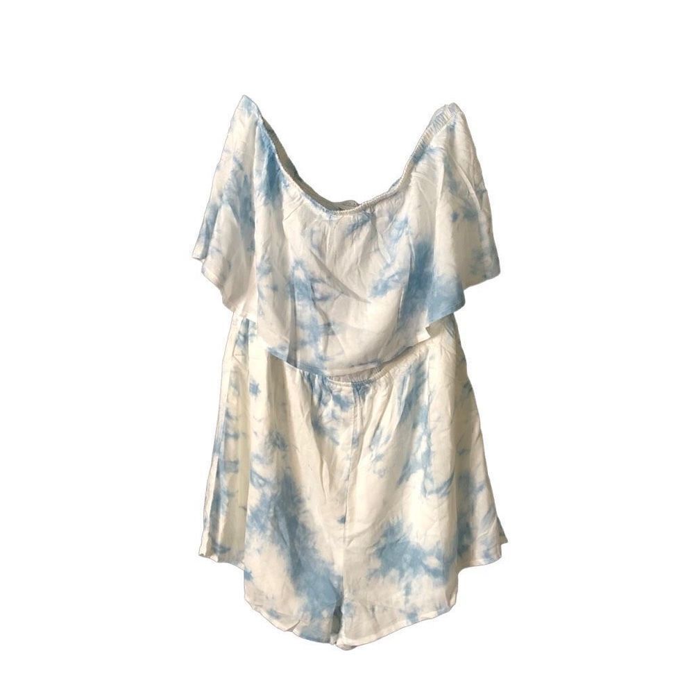LE LIS Womens Light Blue Ruffled Elastic Waist Tie Dye Sleeveless Strapless Romp